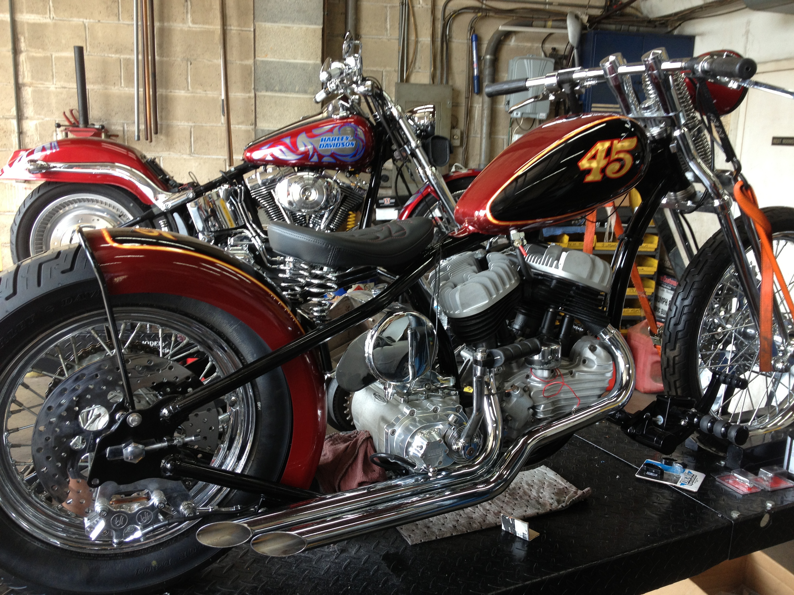 Custom painted motorcycle with pinstriped gas tank and fender