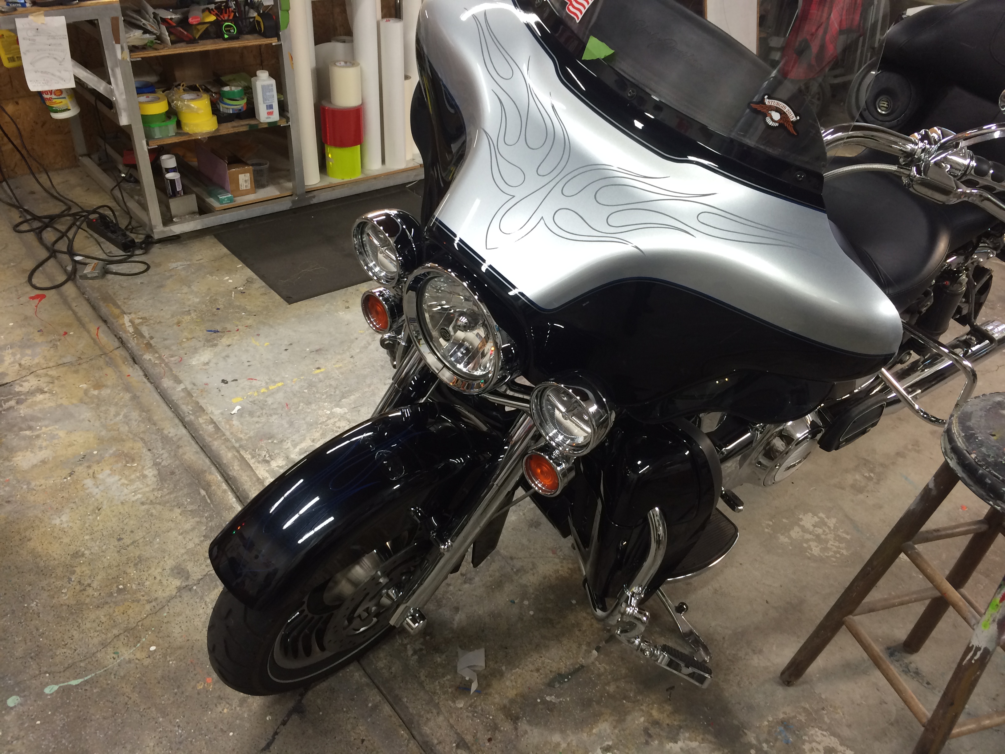 Pinstriped flame design on a Harley-Davidson touring motorcycle fairing